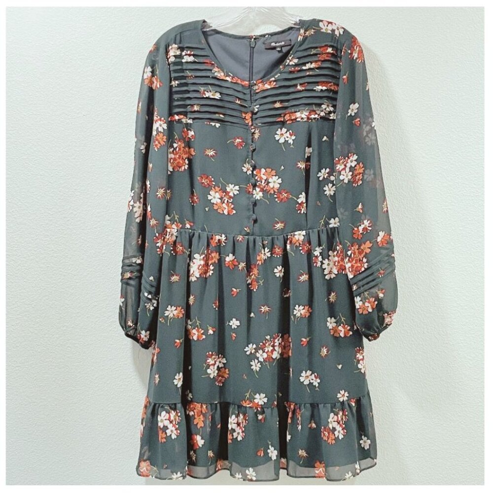 Madewell Spruce Blooms Green Long Sleeve Pintuck Ruffle Mini Dress Women 14 NEW